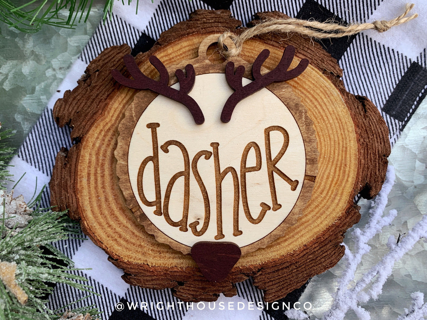 Reindeer Name Wood Slice Rustic Christmas Layered Ornament Set - Quick Cut and Engrave - Cut File For Glowforge Lasers - Digital SVG File