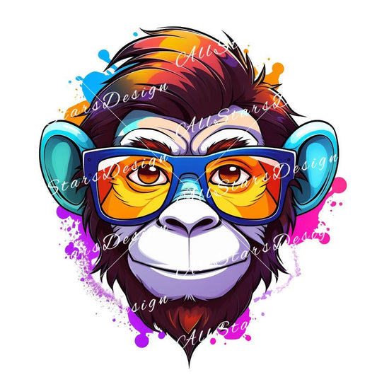 Whimsical Geeky Nerd Monkey: Vibrant Cartoon Sublimation Clipart