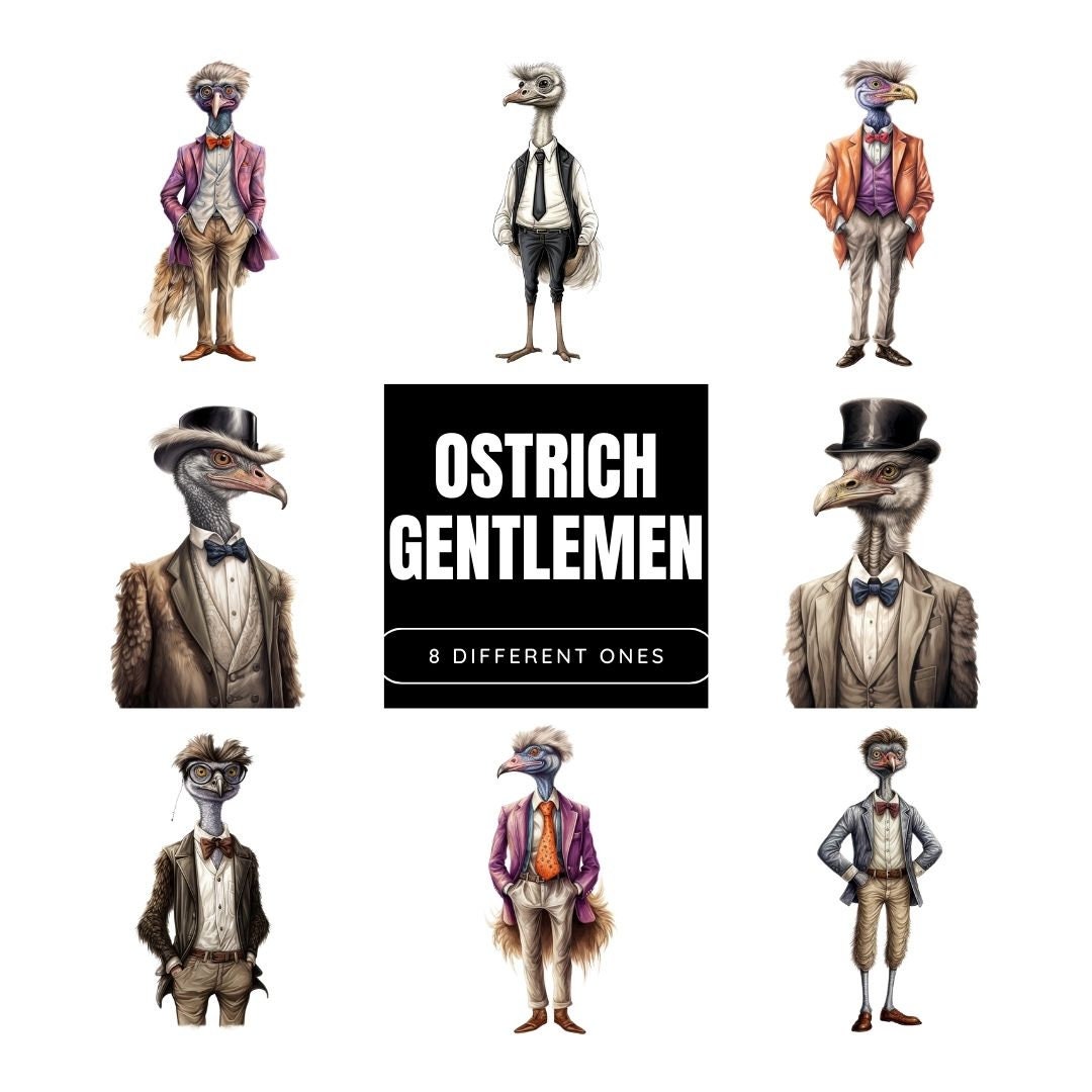 Elegant Sophisticated Sublimation Bundle: Gentleman Ostrich Full Body Illustrations for Apparel, Prints, Crafts