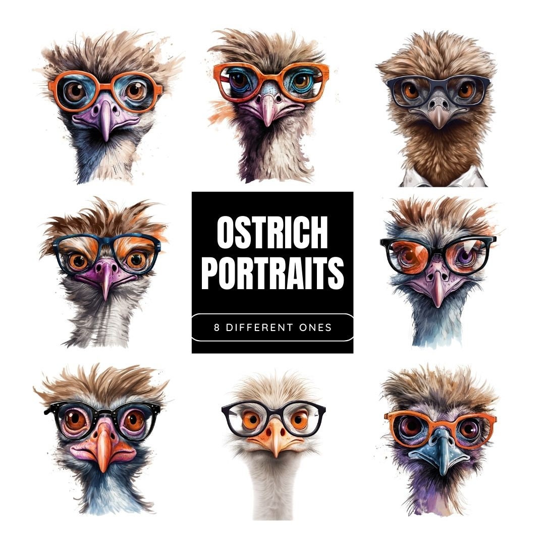 Geeky Ostrich Portraits: Quirky Designs for Whimsical Sublimation