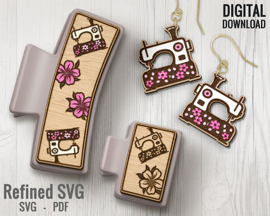 Sewing Machine Hair Clips + Matching Earring SVG File Set, Sewing 2 Hair Clip Files + Earring SVG Files, Set of Claw Hair Clip Laser Design