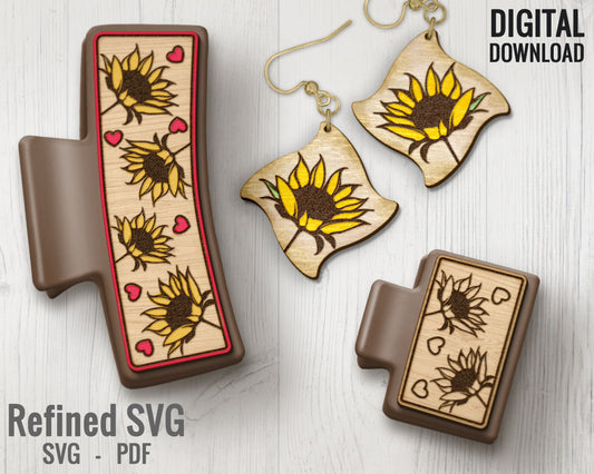 Sunflower Hair Clips + Matching Earring SVG File Set, Sunflower 2 Hair Clip Files + Earring SVG Files, Set of Claw Hair Clip Laser Design
