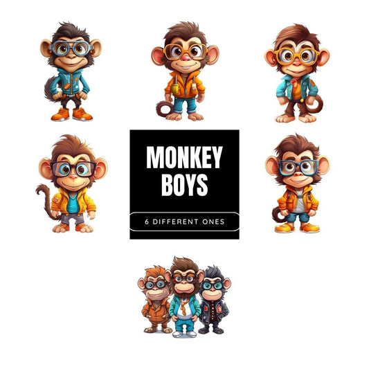 Nerd Monkey Sublimation Clipart Set: Colorful Cartoon Geek Graphics
