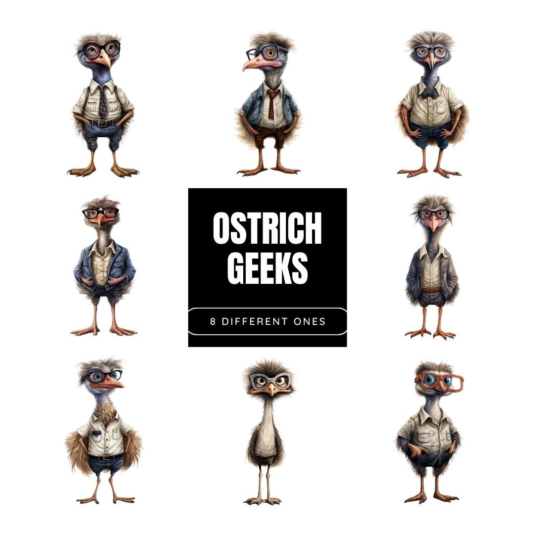 Geek Delight: Sublimation Bundle of Ostrich Illustrations - Whimsical Geek Ostrich Full Body Designs