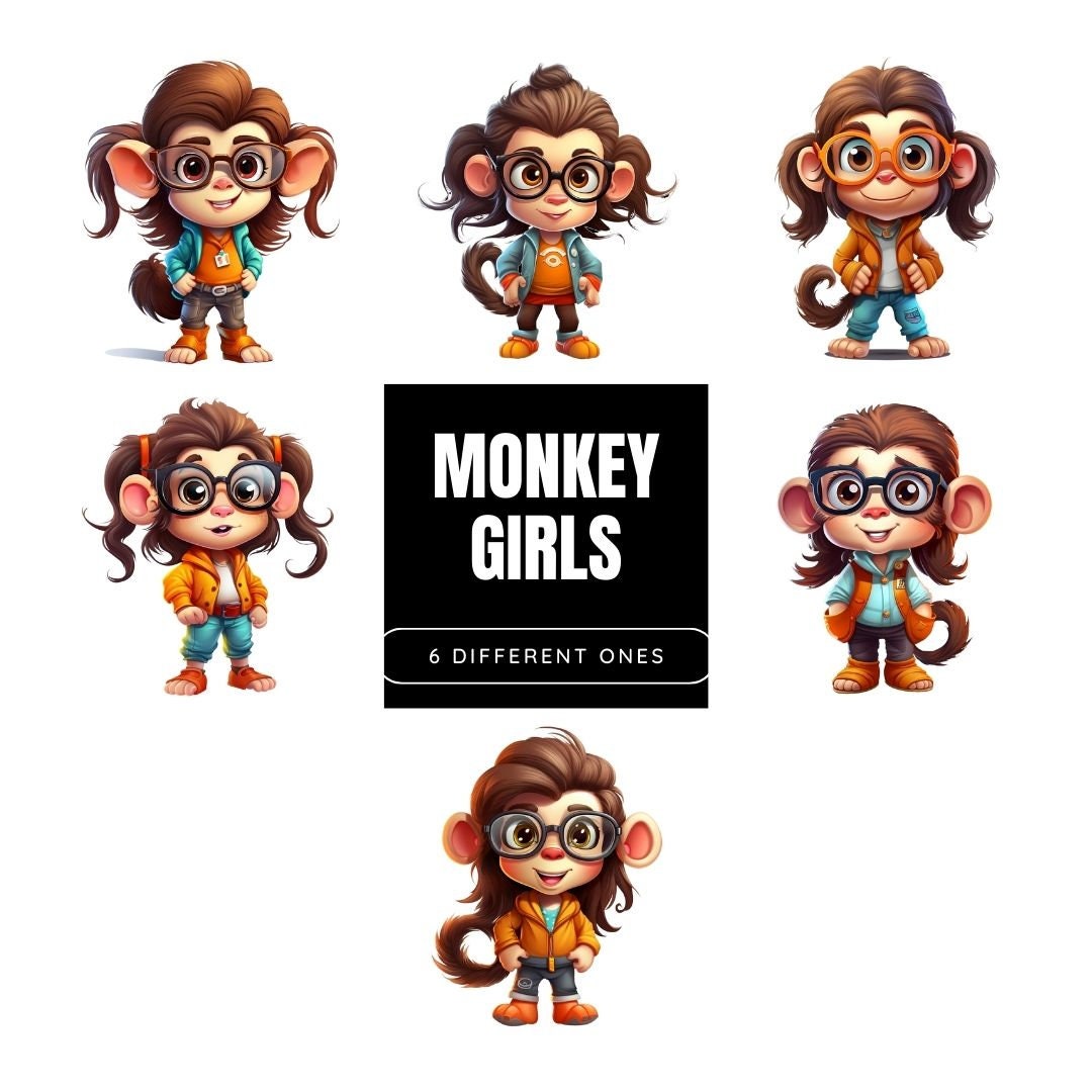 Colorful Cartoon Monkey: Nerd Girl Sublimation Clipart Set - Geeky Monkey Clipart Bundle