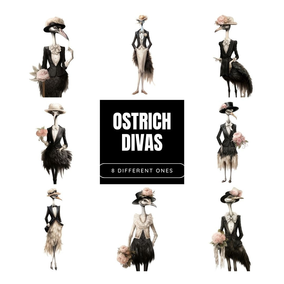 Elegant Ostrich Diva Sublimation Clip Art Bundle