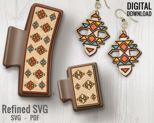 Tribal Design Hair Clips + Matching Earring SVG File Set, Aztec 2 Hair Clip Files + Earring SVG Files, Set of Claw Hair Clip Laser Design