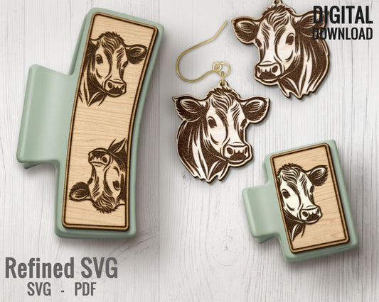 Calf Hair Clips + Matching Earring SVG File Set, Cow 2 Hair Clip Files + Earring SVG Files, Farm Animal Set of Claw Hair Clip Laser Design