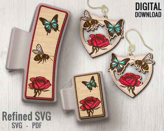 Honeybee Butterfly and Rose Hair Clips, Matching Earring SVG File Set, Butterfly 2 Hair Clip Files + Earring SVG Files, Claw Hair Clip