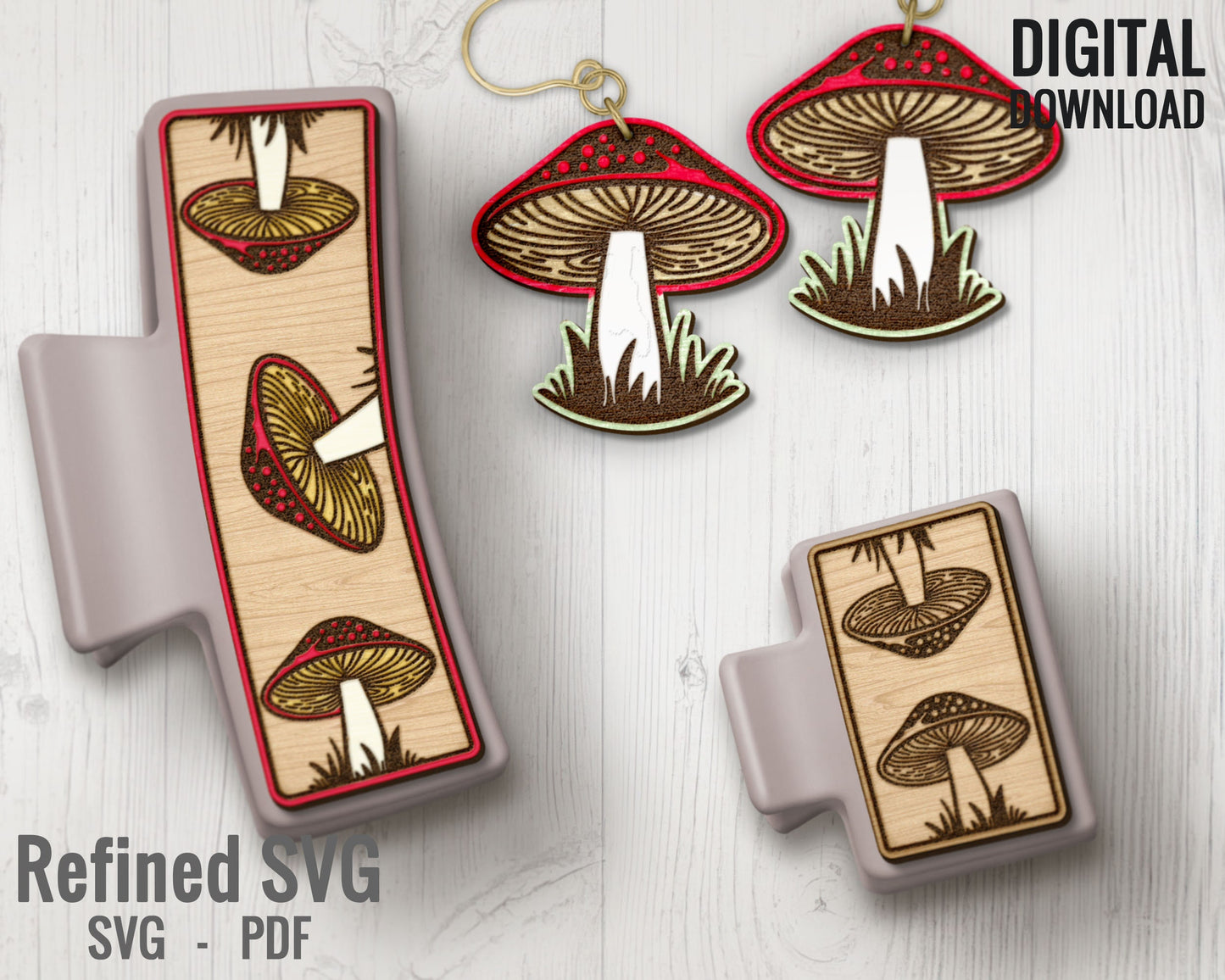 Mushroom Hair Clips + Matching Earring SVG File Set, Mushroom 2 Hair Clip Files + Earring SVG Files,Mushroom Claw Hair Clip Laser Design Set