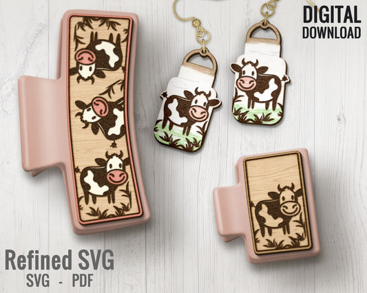 Cow Hair Clips SVG + Matching Earring File Set, Cow Hair Clip Laser File, Cow Hair Claw Template, Cow Earring SVG, Cow Claw Clip SVG File