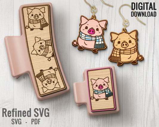 Pig with Scarf Hair Clips SVG + Matching Earring File Set, Pig Hair Clip Laser File, Hair Claw Template, Earring SVG,Farm Claw Clip SVG File