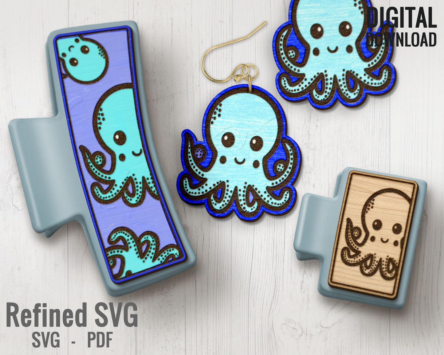 Octopus Hair Clips SVG + Matching Earring File Set, Octopus Hair Clip Laser File, Hair Claw Template, Ocean Earring SVG, Claw Clip SVG File
