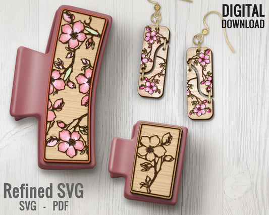 Spring Blossom Hair Clips SVG + Matching Earring File Set, Blossom Hair Clip Laser File, Hair Claw Template, Earring SVG, Claw Clip SVG File