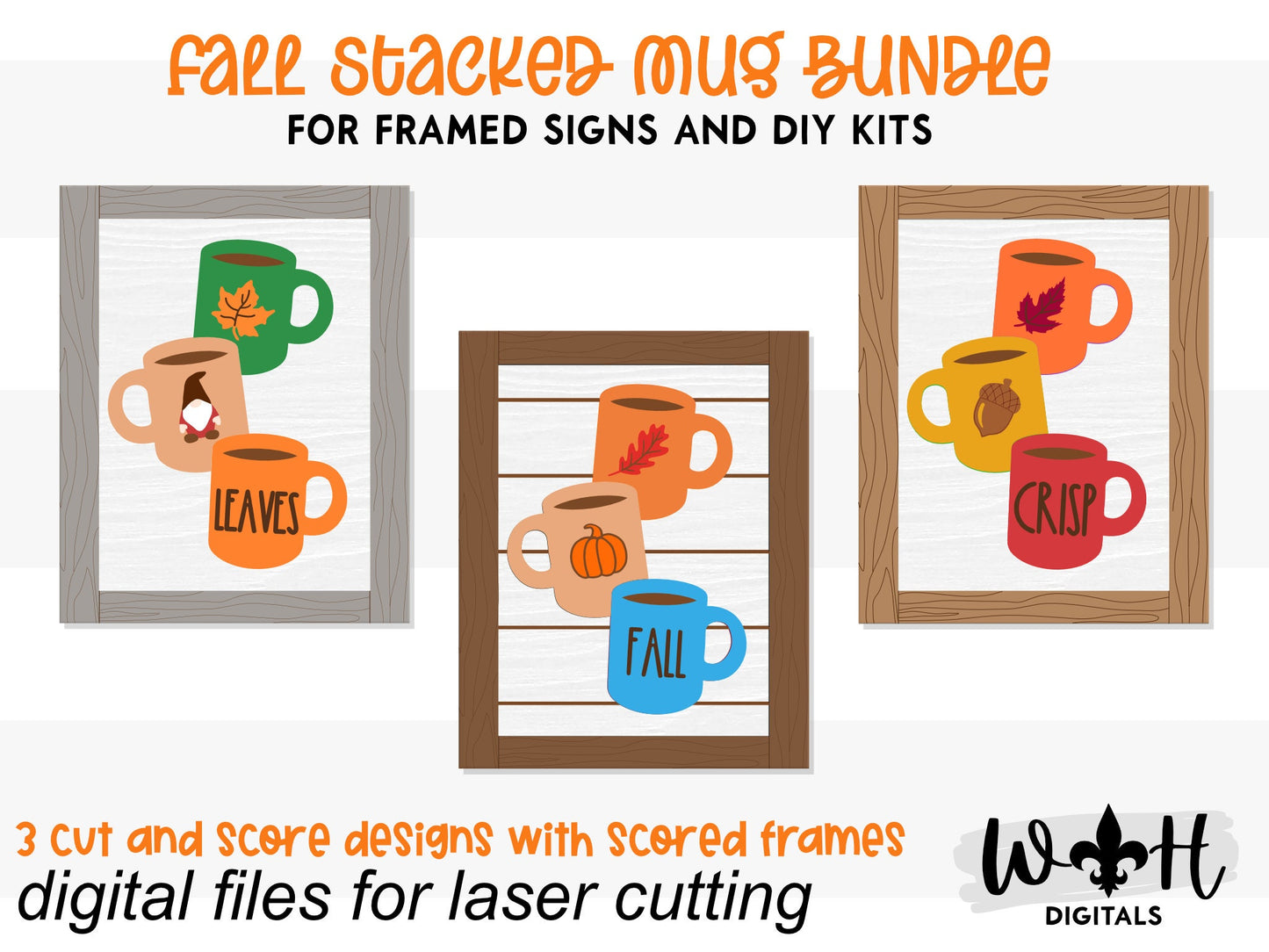 Fall Stacked Coffee Mugs Farmhouse Frame Sign Bundle - Tiered Tray Decor and DIY Kits - Cut File For Glowforge Lasers - Digital SVG File