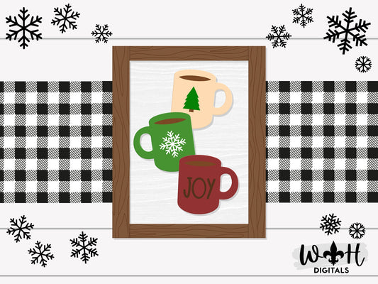 Christmas Stacked Coffee Mugs Farmhouse Frame Sign Bundle - Tiered Tray Decor and DIY Kits - Cut File For Glowforge Laser - Digital SVG File