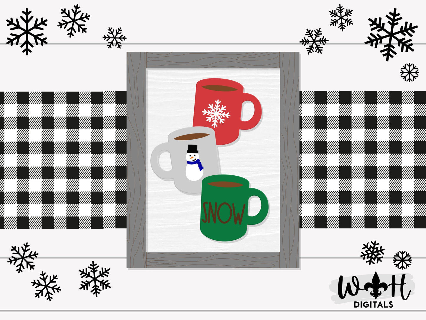 Winter Stacked Coffee Mugs Farmhouse Frame Sign Bundle - Tiered Tray Decor and DIY Kits - Cut File For Glowforge Lasers - Digital SVG File