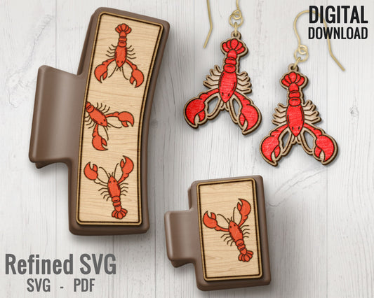Lobster Hair Clips + Matching Earring SVG File Set, Lobster 2 Hair Clip Files + Earring SVG Files,Lobster Set of Claw Hair Clip Laser Design