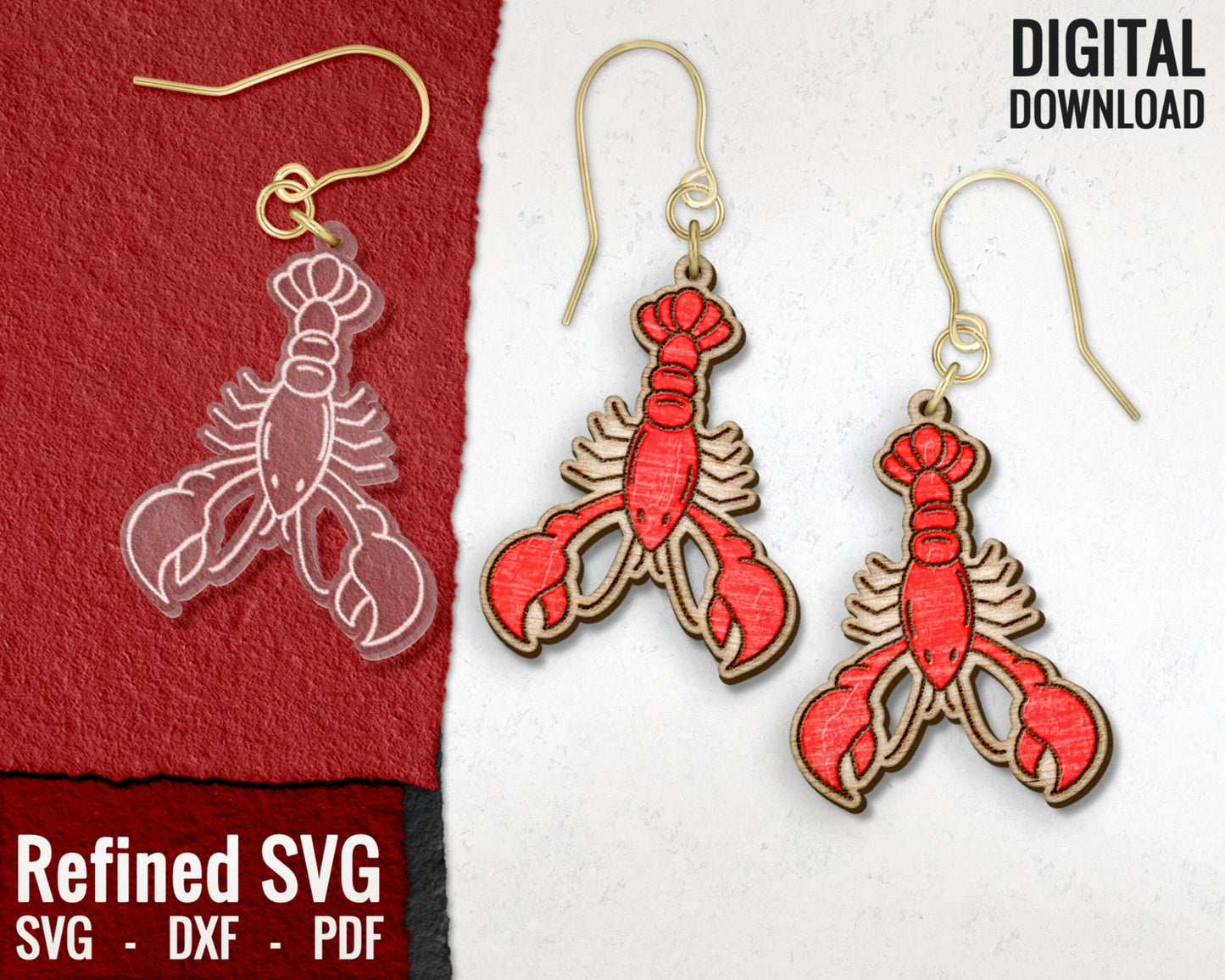 Lobster Hair Clips + Matching Earring SVG File Set, Lobster 2 Hair Clip Files + Earring SVG Files,Lobster Set of Claw Hair Clip Laser Design