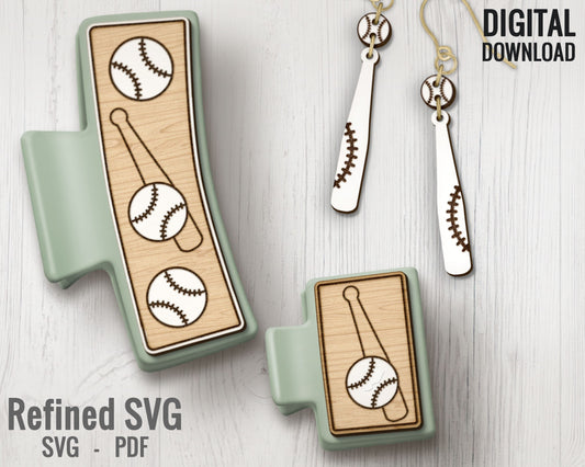 Baseball Hair Clips + Matching Earring SVG File Set, Baseball Bat 2 Hair Clip Files + Earring SVG Files, Set of Claw Hair Clip Laser Design