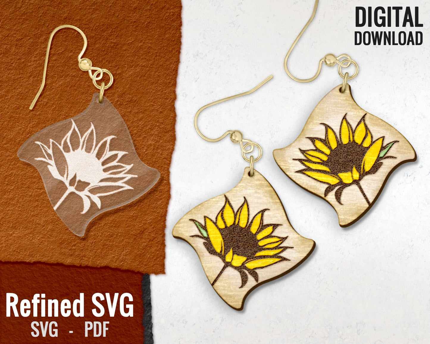 Sunflower Hair Clips + Matching Earring SVG File Set, Sunflower 2 Hair Clip Files + Earring SVG Files, Set of Claw Hair Clip Laser Design