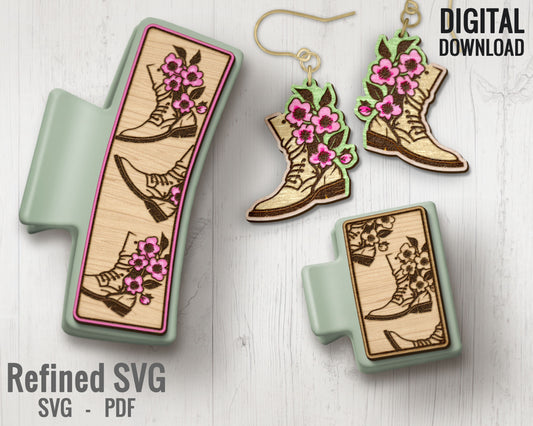 Boots with Flowers Hair Clips SVG + Matching Earring File Set, Boots Claw Clip SVG, Western Hair Clip Laser File, Boots Hair Claw Template