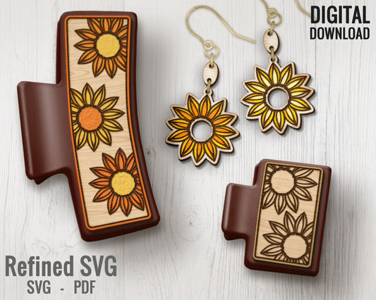 Retro Sunflower Hair Clips SVG + Matching Earring File Set, Sunflower Claw Clip SVG, Hair Clip Laser File, Hair Claw Template, Earring SVG