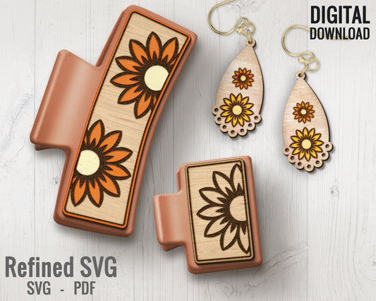 Sunflower Hair Clips SVG + Matching Earring File Set, Sunflower Claw Clip SVG, Sunflower Hair Clip Laser File, Sunflower SVG Hair Clip Cover