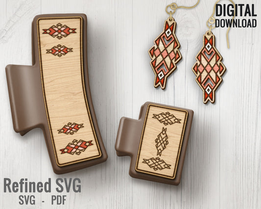 Aztec Inspired Hair Clips + Matching Earring SVG File Set, Aztec 2 Hair Clip Files + Earring SVG Files, Set of Claw Hair Clip Laser Design