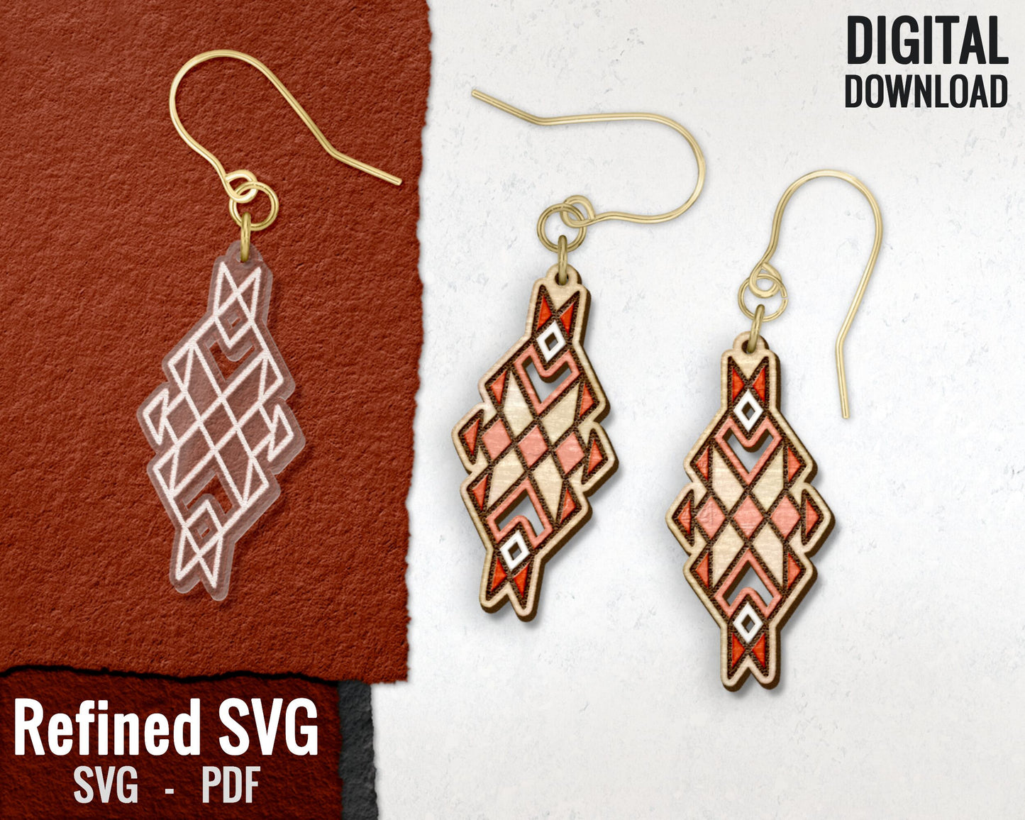 Aztec Inspired Hair Clips + Matching Earring SVG File Set, Aztec 2 Hair Clip Files + Earring SVG Files, Set of Claw Hair Clip Laser Design