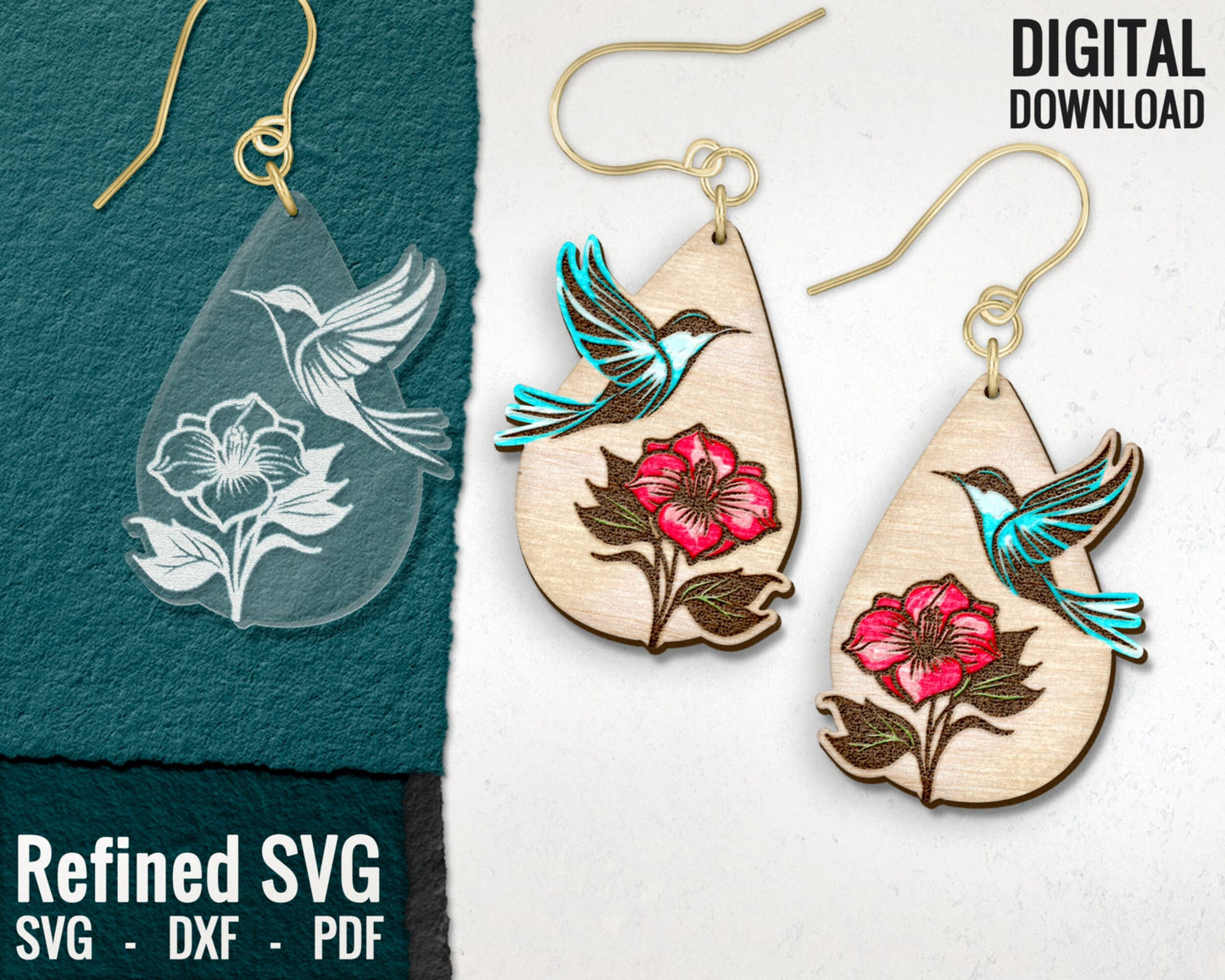 Bird and Flower Hair Clips + Matching Earring SVG File Set, Bird 2 Hair Clip Files + Earring SVG Files, Flower Claw Hair Clip Laser Design