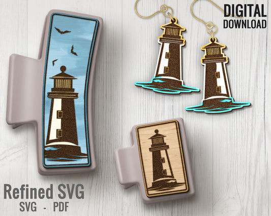 Lighthouse Hair Clips SVG + Matching Earring File Set, Lighthouse Hair Clip Laser File, Hair Claw Template, Earring SVG, Claw Clip SVG File