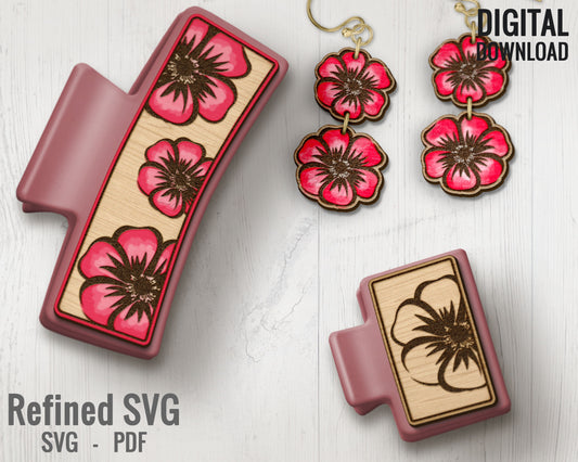 Red Blossom Hair Clips SVG + Matching Earring File Set, Flower Hair Clip Laser File, Flower Hair Claw Template, Earring SVG, Claw Clip SVG