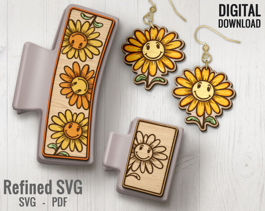 Sunflower Hair Clips SVG + Matching Earring File Set, Sunflower Hair Clip Laser File, Hair Claw Template, Earring SVG, Claw Clip SVG File