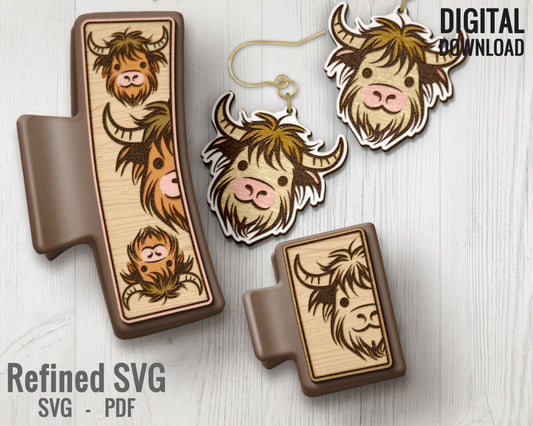 Highland Cow Hair Clips SVG + Matching Earring File Set, Highland Cow Hair Clip Laser File, Hair Claw Template, Earring SVG, Claw Clip SVG