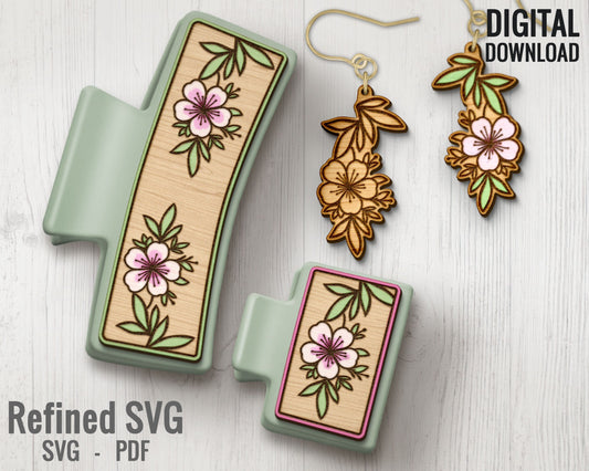 Flowers Hair Clips SVG + Matching Earring File Set, Flower Hair Clip Laser File, Flower Hair Claw Template, Earring SVG, Claw Clip SVG File