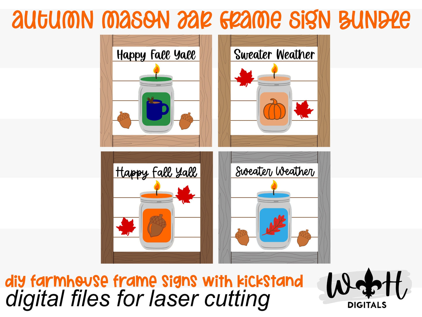 Autumn Mason Jar Candle Farmhouse Frame Sign Bundle - Tiered Tray Decor and DIY Kits - Cut File For Glowforge Lasers - Digital SVG File