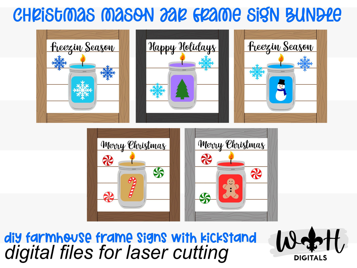 Christmas Mason Jar Candle Farmhouse Frame Sign Bundle - Tiered Tray Decor and DIY Kits - Cut File For Glowforge Lasers - Digital SVG File