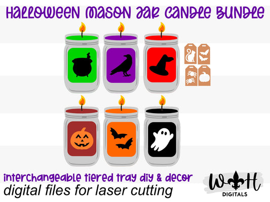 Halloween Interchangeable Mason Jar Candle Bundle - Tiered Tray Decor and DIY Kits - Cut File For Glowforge Lasers - Digital SVG File