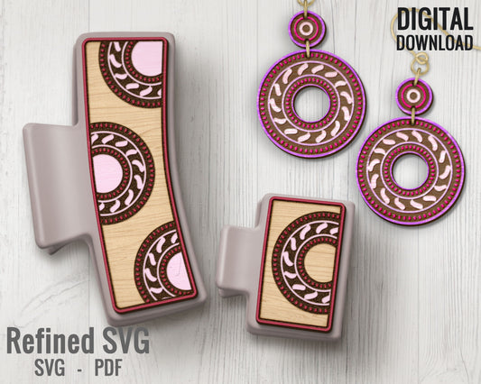 Boho Circle Hair Clips SVG + Matching Earring File Set, Abstract Hair Clip Laser File, Hair Claw Template, Earring SVG, Claw Clip SVG File