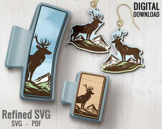 Deer And Mountain Hair Clips SVG + Matching Earring File Set, Deer Hair Clip Laser File, Hair Claw Template, Earring SVG, Claw Clip SVG File