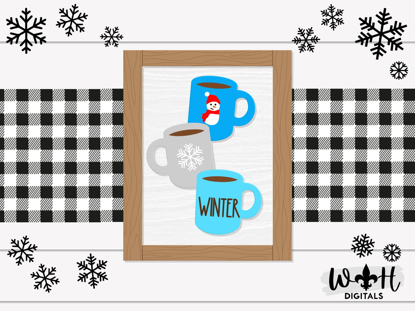 Winter Stacked Coffee Mugs Farmhouse Frame Sign Bundle - Tiered Tray Decor and DIY Kits - Cut File For Glowforge Lasers - Digital SVG File