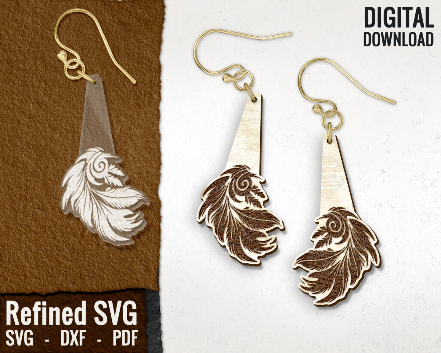 Boho Feather Hair Clips SVG + Matching Earring File Set, Feather Hair Clip Laser File, Hair Claw Template, Earring SVG, Claw Clip SVG File