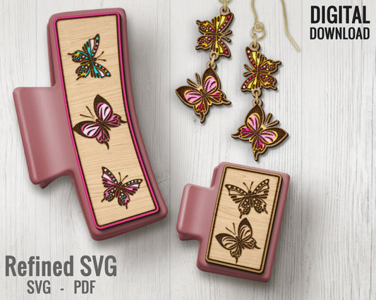Butterfly Hair Clips SVG + Matching Earring File Set, Butterfly Claw Clip SVG File, Hair Clip Laser File, Hair Claw Template, Earring SVG