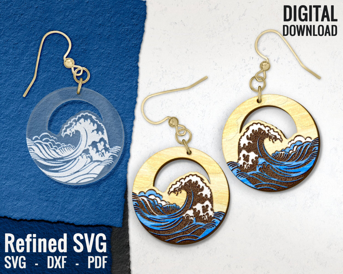 Ocean Wave Hair Clips SVG + Matching Earring File Set, Seaside Claw Clip SVG, Beach Hair Clip Laser File, Hair Claw Template, Earring SVG