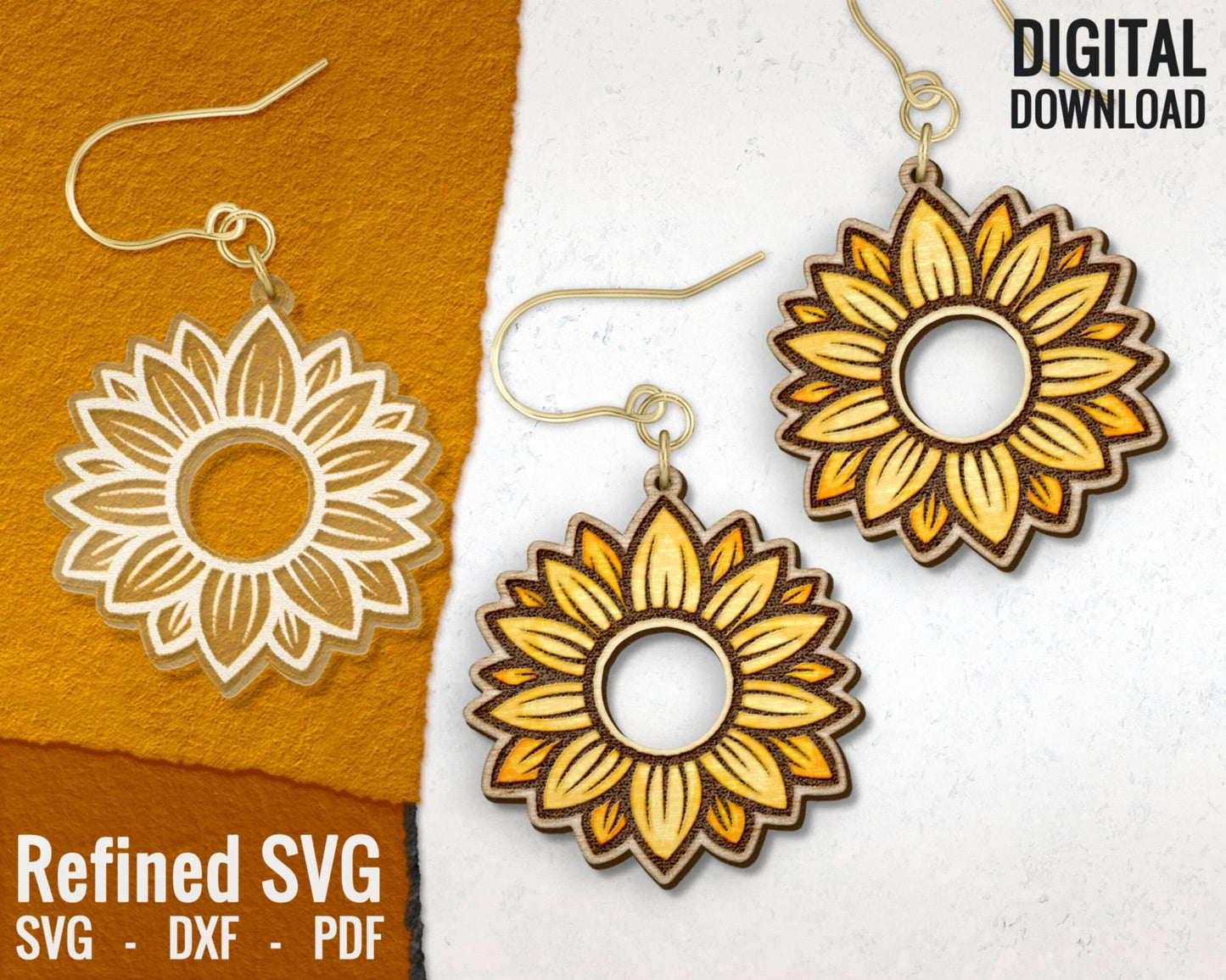 Sunflower Hair Clips SVG + Matching Earring File Set, Sunflower Hair Claw Laser Engraved File, Flower Hair Clip File, Hair Claw Template