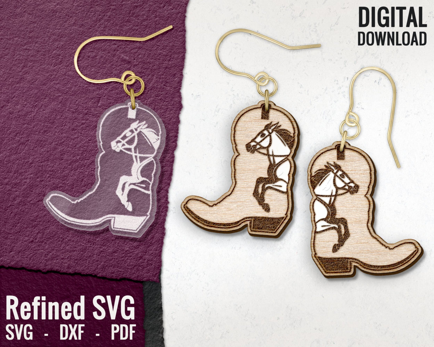 Cowboy Boots Earrings SVG Bundle, 4 Pairs of Cowboy Boots Earring Files, Western Laser Earring Set, Western Earring SVG Bundle,Earring Files