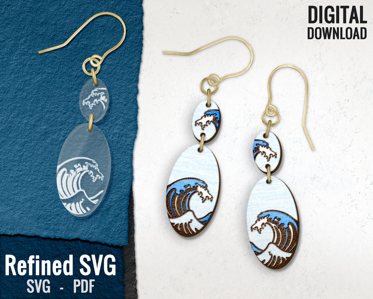 Wave Earrings SVG Bundle, 4 Pairs of Waves Earring Files, Ocean Laser Earring Set, Beach Earring SVG Bundle, Seaside Earring Cut Files