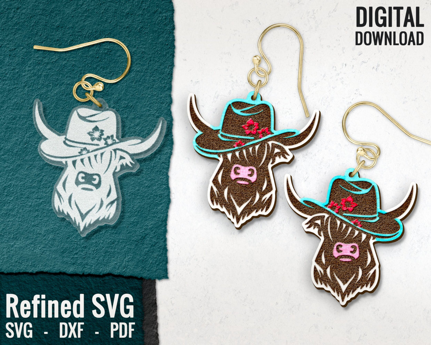 Highland Cow Earrings SVG Bundle, 4 Pairs of Highland Cow Earring Files, Cow Laser Earring Set, Cow Earring SVG Bundle,Cow Earring Cut Files