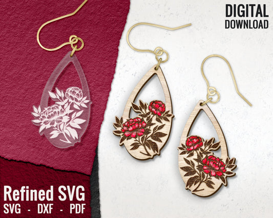 Beautiful Flowers Earrings SVG Bundle, 4 Pairs of Flower Earring Files, Flower Laser Earring Set, Peonies, Daffodil Rose Earring SVG Bundle